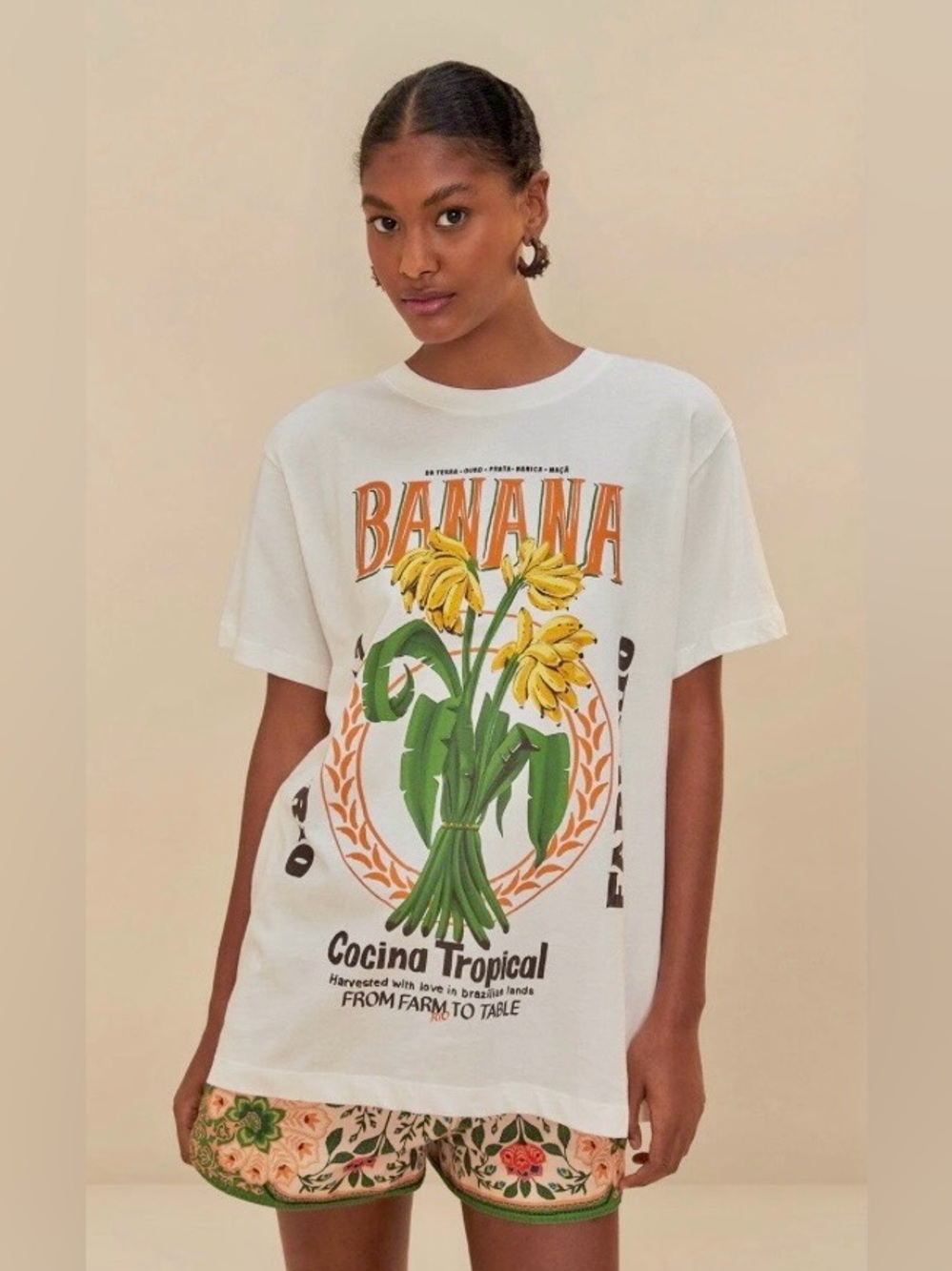 Farm Rio Off-White Banana Cocina Relaxed T-Shirt